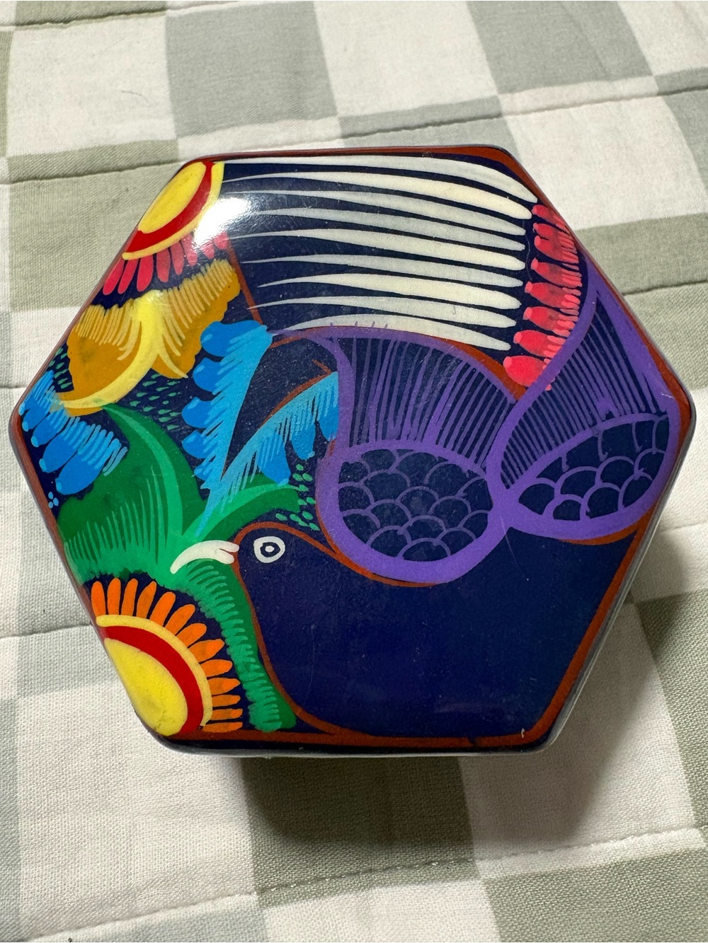 Hand-Painted Hexagonal Ceramic Tin in Blue and Multicolor